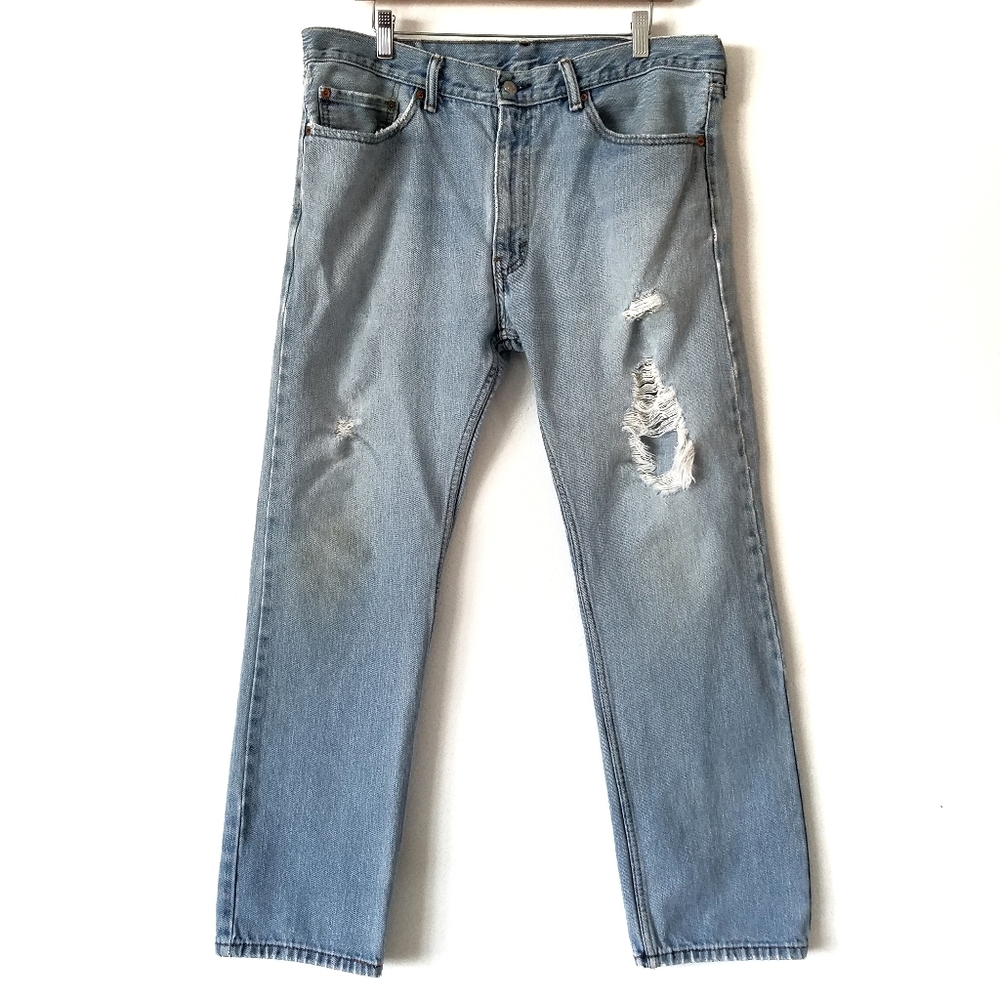 Levi's 505 straight fit destroyed distressed jeans blue